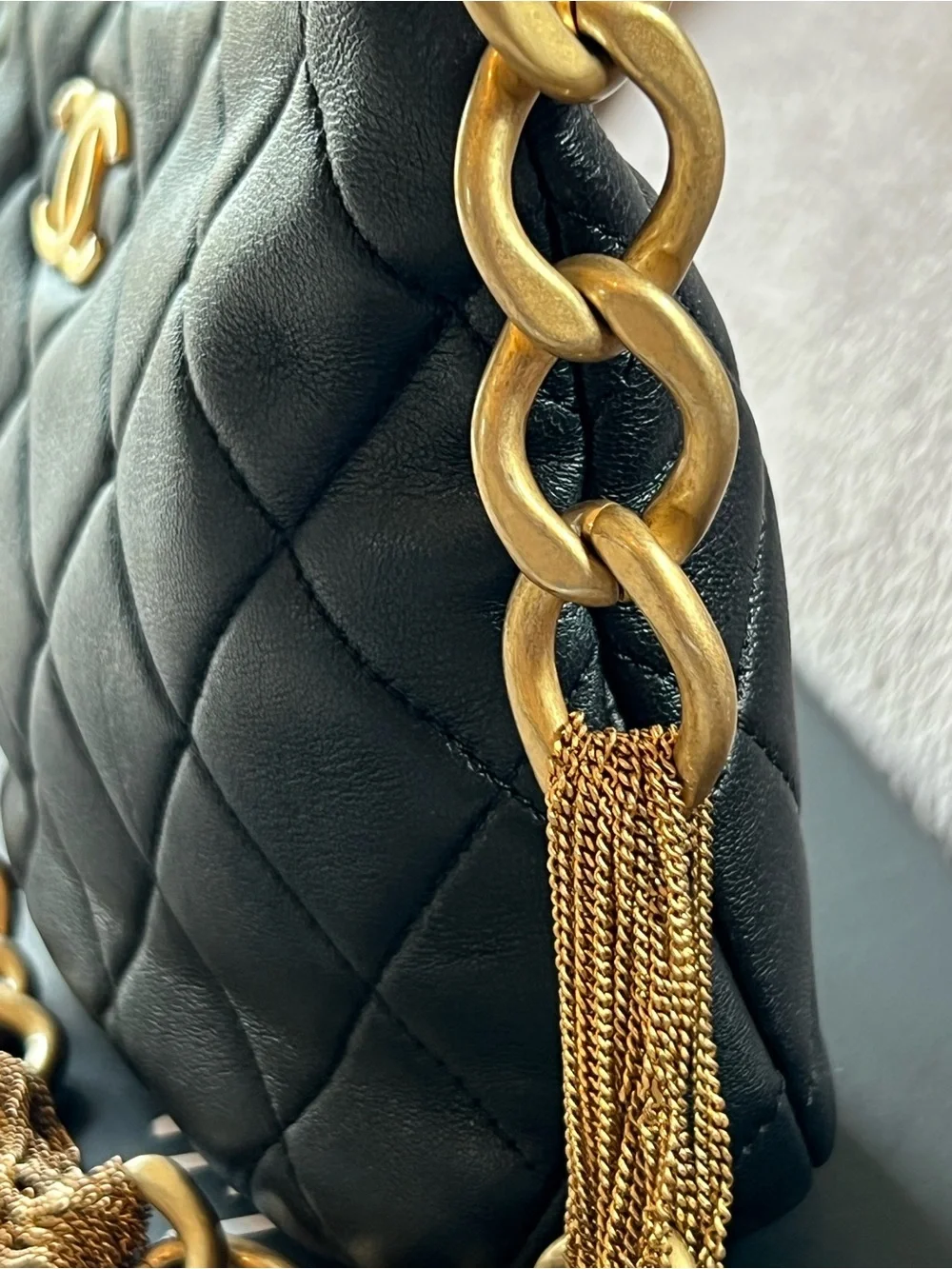 CHANEL Black Quilted Shoulder Hobo with Gold Chain and CC Emblem